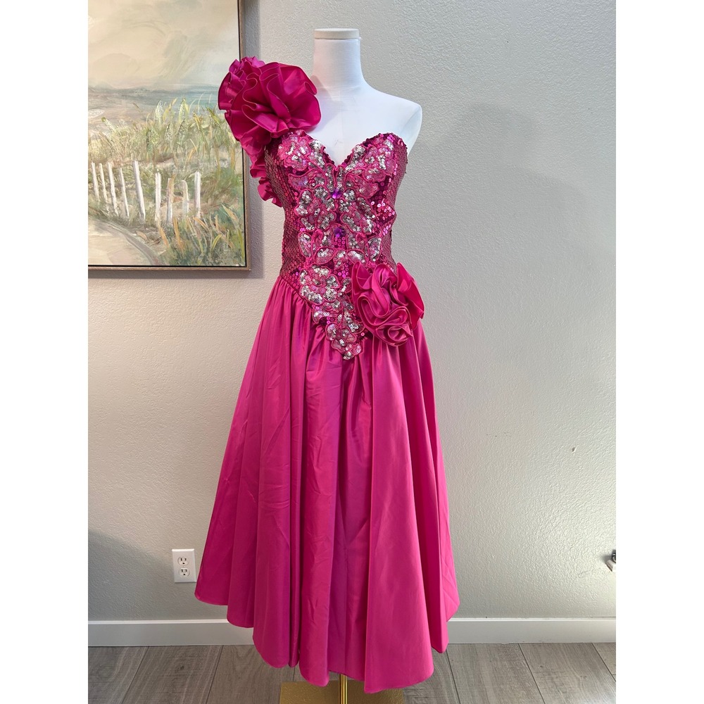 Vintage Alyce Designs Hot Pink Sequin Ruffle One Shoulder 80s Prom Dress